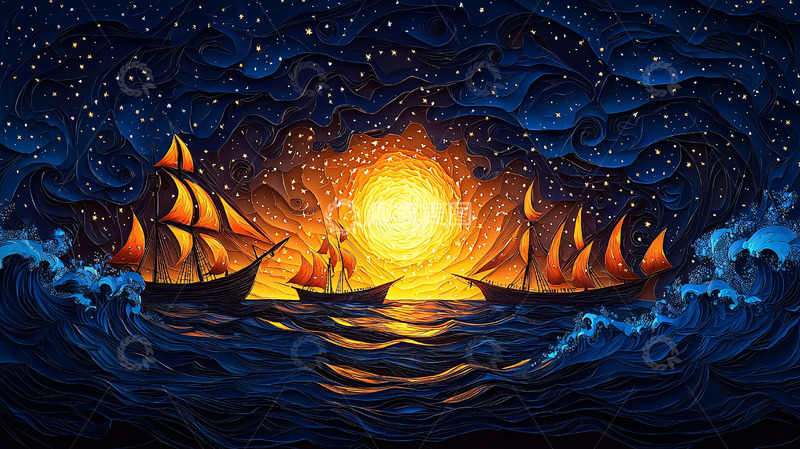 高清大图下载【趣麦麦图】星空大海帆船日出
