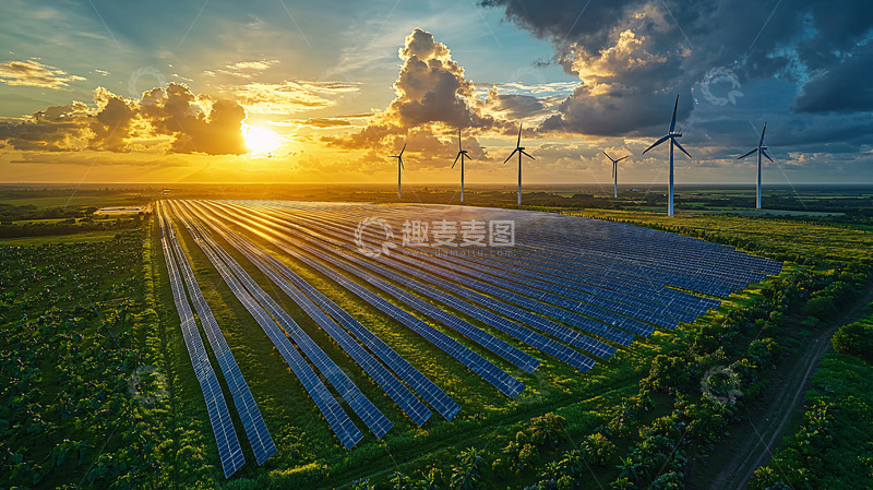 高清大图下载【趣麦麦图】日落下的太阳能与风力发电