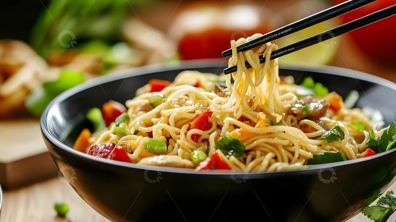 高清大图下载【趣麦麦图】特写筷子夹面条图片