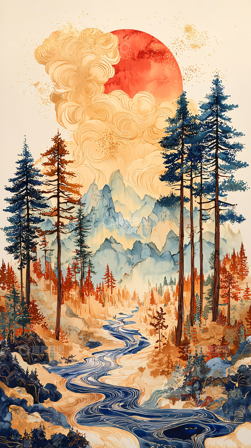 高清大图下载【趣麦麦图】红色圆日下的山林河流