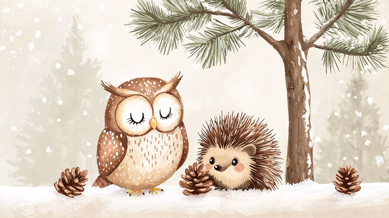 高清大图下载【趣麦麦图】冬日森林里的猫头鹰和刺猬