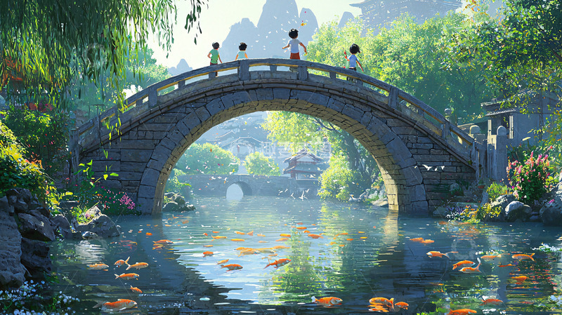 高清大图下载【趣麦麦图】古桥流水儿童嬉戏