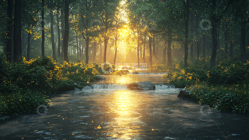 高清大图下载【趣麦麦图】森林小溪日出