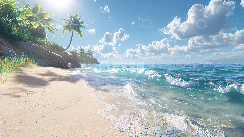 高清大图下载【趣麦麦图】阳光沙滩海浪椰树