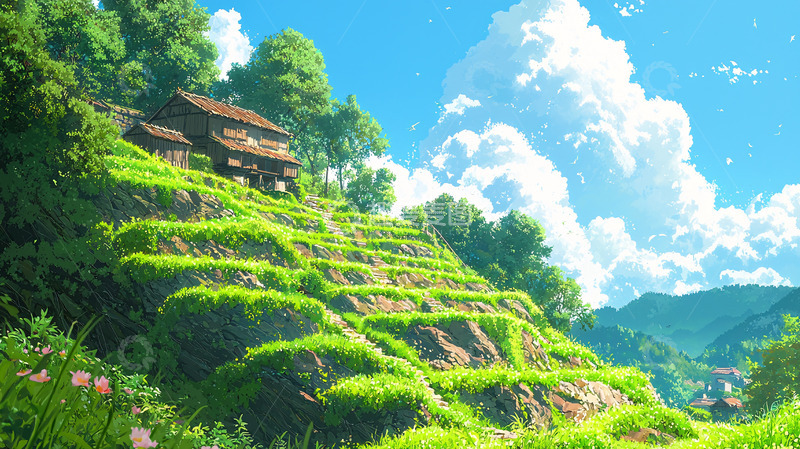 高清大图下载【趣麦麦图】阳光下的绿意梯田
