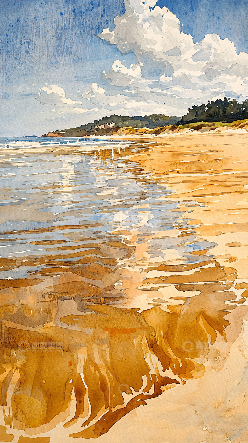 高清大图下载【趣麦麦图】海滩水彩画