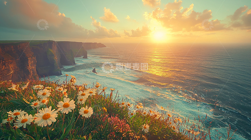 高清大图下载【趣麦麦图】海边悬崖日落花海
