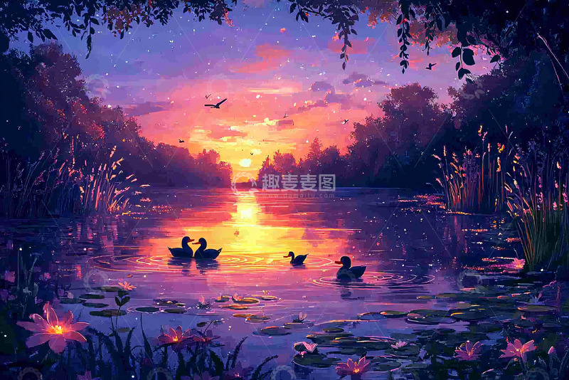 高清大图下载【趣麦麦图】唯美日落湖景