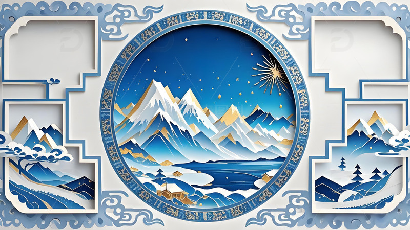 高清大图下载【趣麦麦图】-雪山壁纸传统剪纸风格窗花浮雕镂空