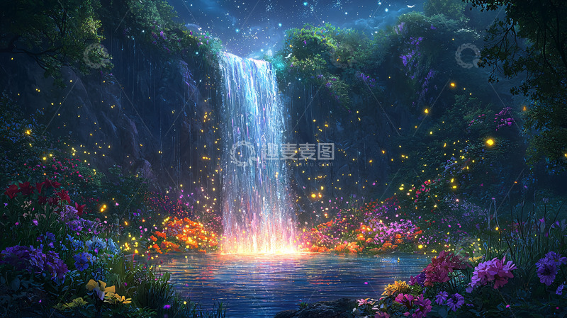 高清大图下载【趣麦麦图】梦幻萤火瀑布
