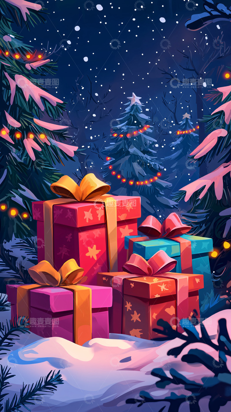 高清大图下载【趣麦麦图】圣诞夜礼物堆积如雪