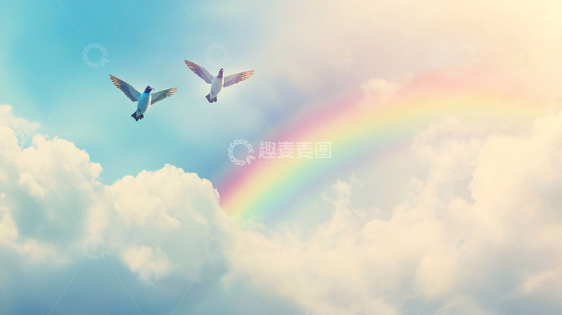 高清大图下载【趣麦麦图】蓝天白云彩虹和平鸽