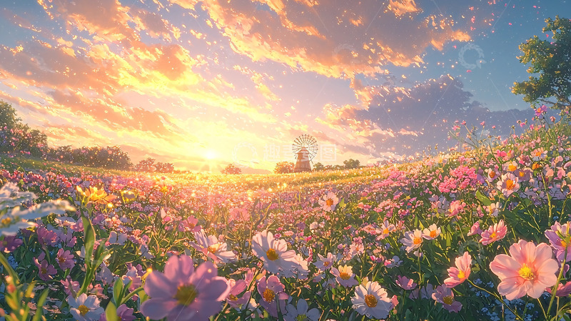 高清大图下载【趣麦麦图】日落花海田园风光
