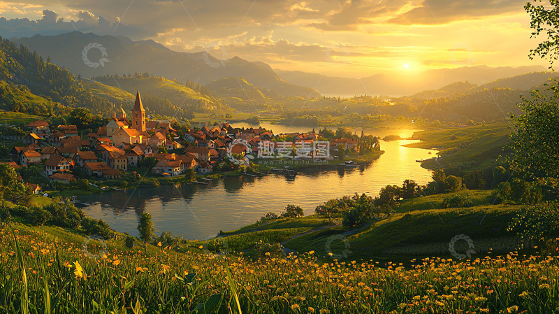 高清大图下载【趣麦麦图】夕阳下宁静山谷小镇