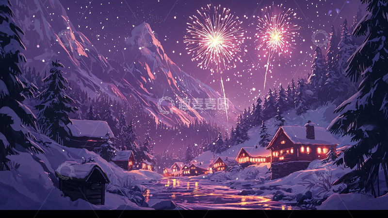 高清大图下载【趣麦麦图】雪山小镇新年烟火