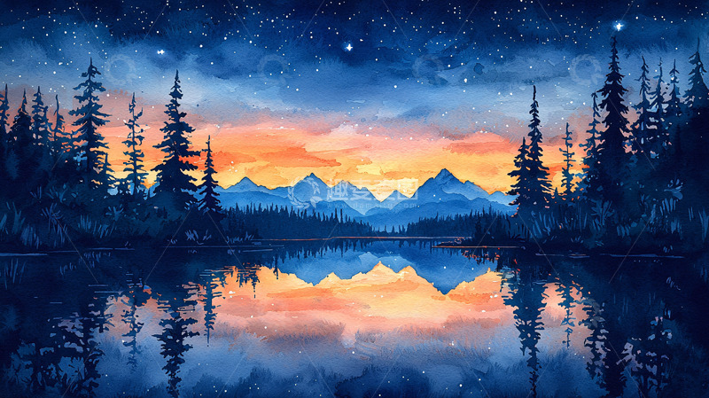 高清大图下载【趣麦麦图】水彩星空湖泊山脉