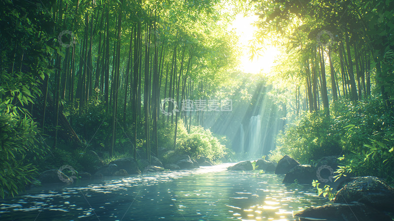 高清大图下载【趣麦麦图】阳光穿透竹林的河流