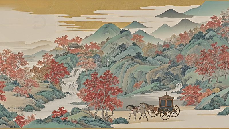 高清大图下载【趣麦麦图】中国风山水花鸟意境工笔画雪山屏风树木55