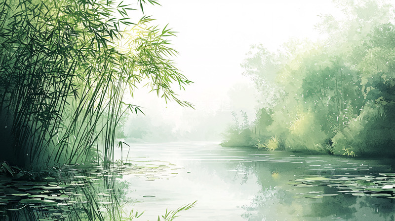 高清大图下载【趣麦麦图】宁静水面竹林风景