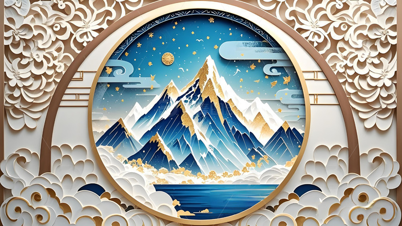 高清大图下载【趣麦麦图】-雪山壁纸传统剪纸风格窗花浮雕镂空3