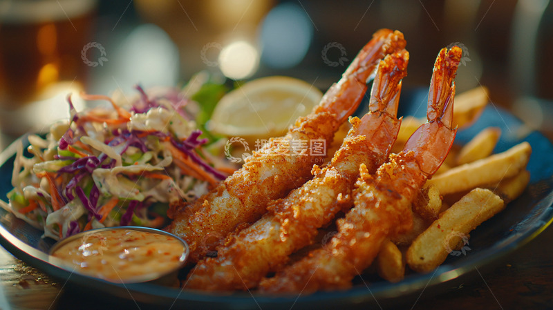 高清大图下载【趣麦麦图】酥脆炸虾配薯条沙拉