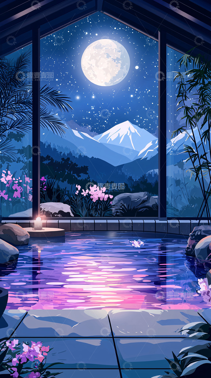 高清大图下载【趣麦麦图】月光下的温泉
