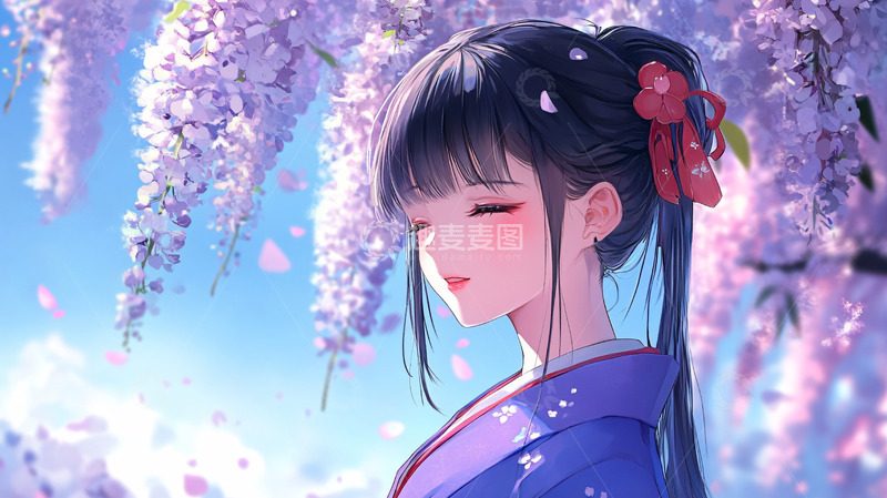 高清大图下载【趣麦麦图】紫藤花下闭眼微笑的少女