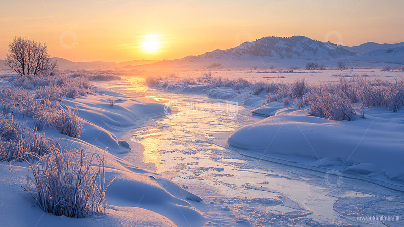 高清大图下载【趣麦麦图】冬日日出雪景河流