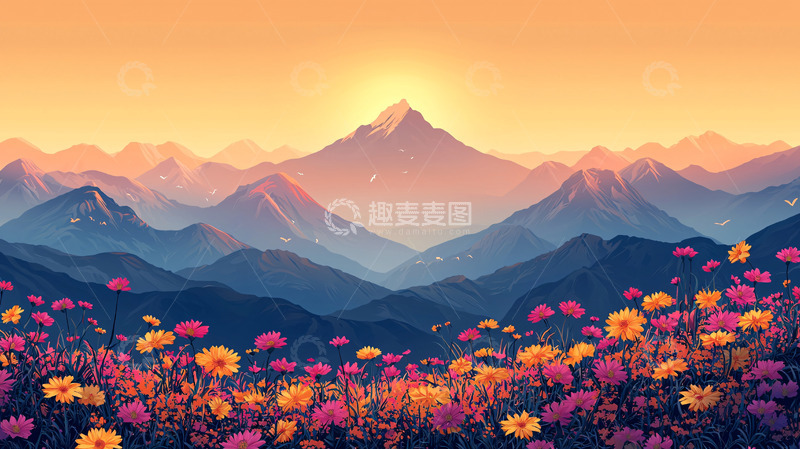 高清大图下载【趣麦麦图】日出山峰野花田园