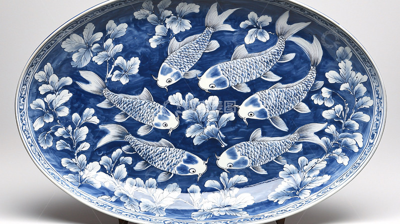 高清大图下载【趣麦麦图】蓝白瓷鱼纹椭圆大盘