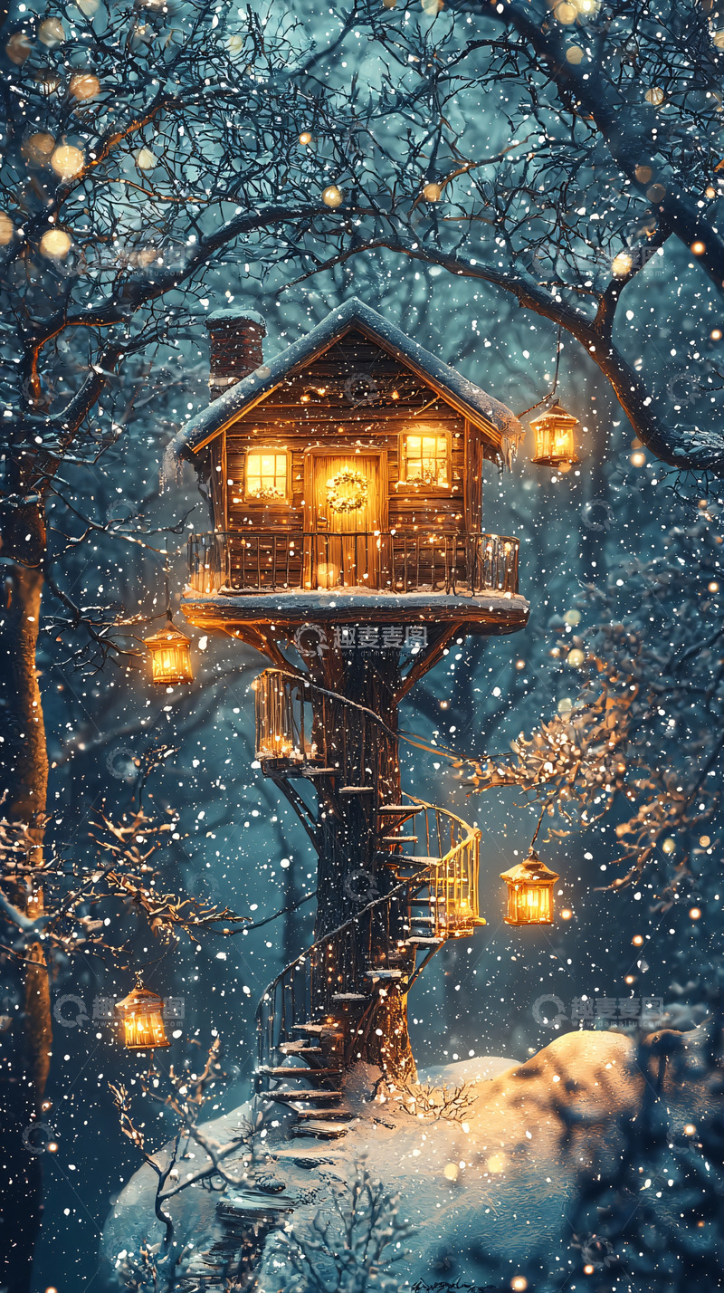 高清大图下载【趣麦麦图】雪夜树屋