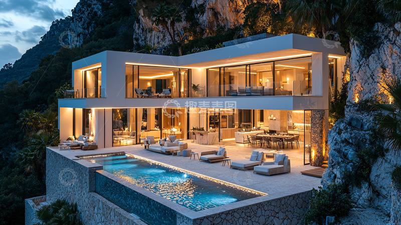 高清大图下载【趣麦麦图】山崖别墅夜景