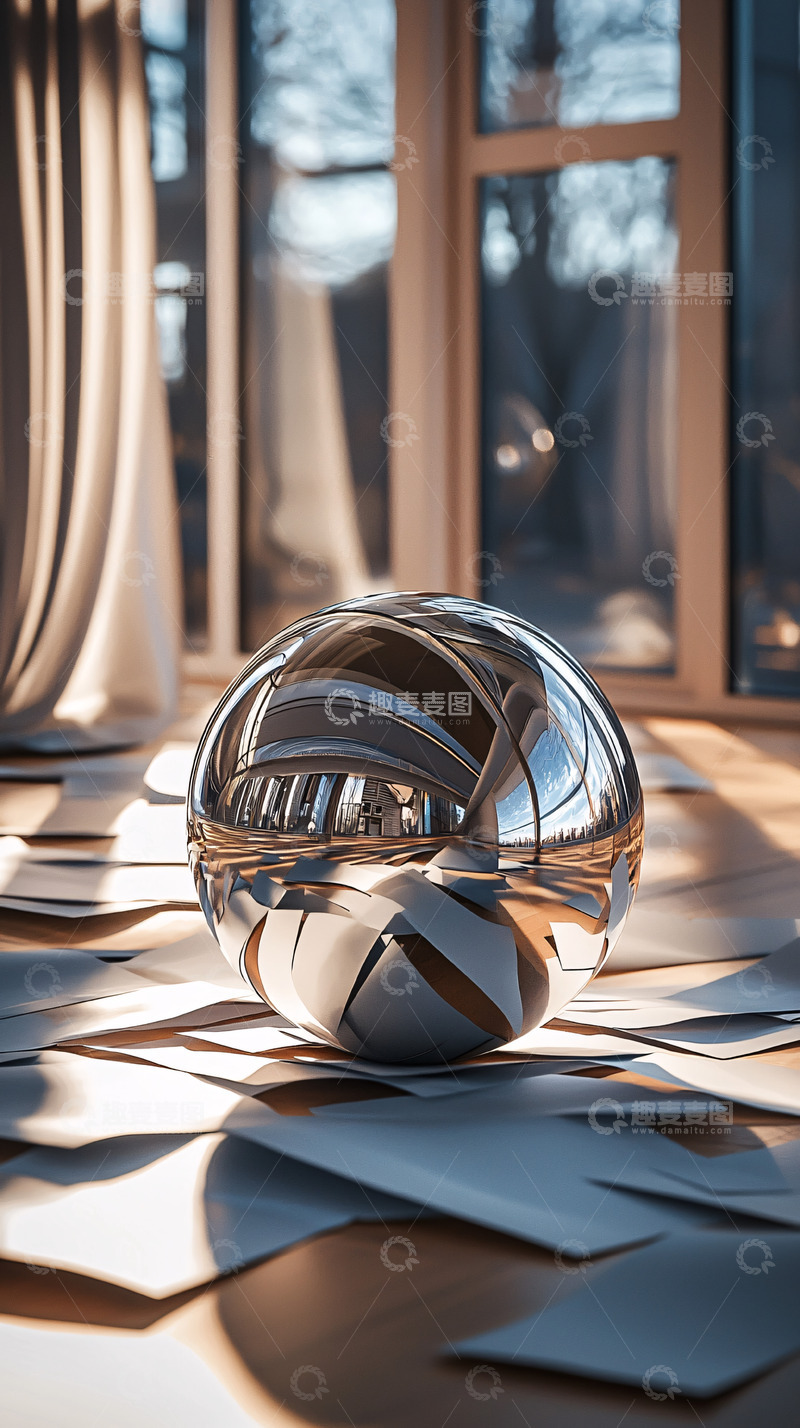 高清大图下载【趣麦麦图】光滑金属球体反射室内场景