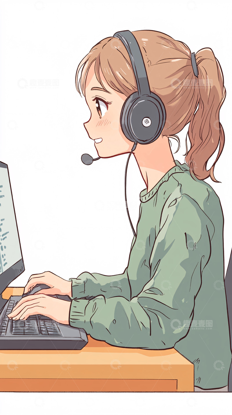 高清大图下载【趣麦麦图】戴耳机办公的可爱女生