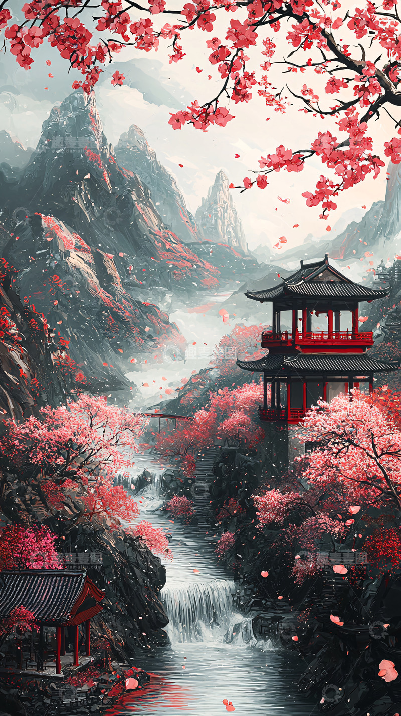 高清大图下载【趣麦麦图】樱花环绕的东方亭台山水