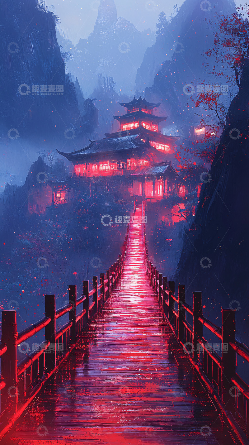 高清大图下载【趣麦麦图】水墨山河红桥古寺