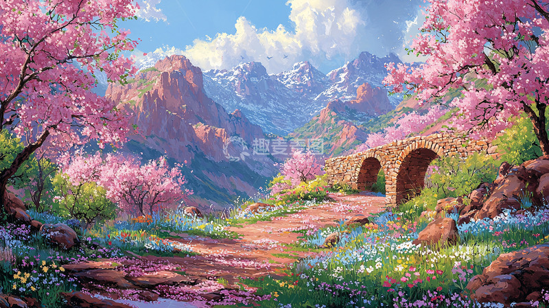 高清大图下载【趣麦麦图】粉色花树下的山谷美景