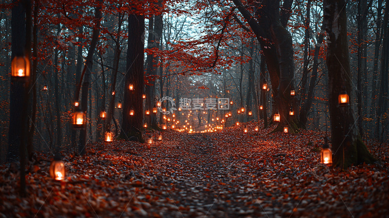 高清大图下载【趣麦麦图】深秋红叶林中小路灯火