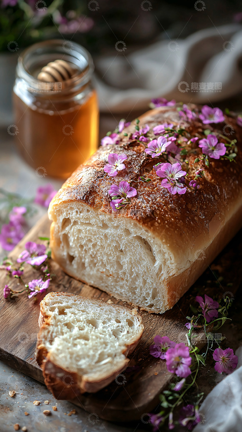 高清大图下载【趣麦麦图】面包与紫花蜂蜜的静物