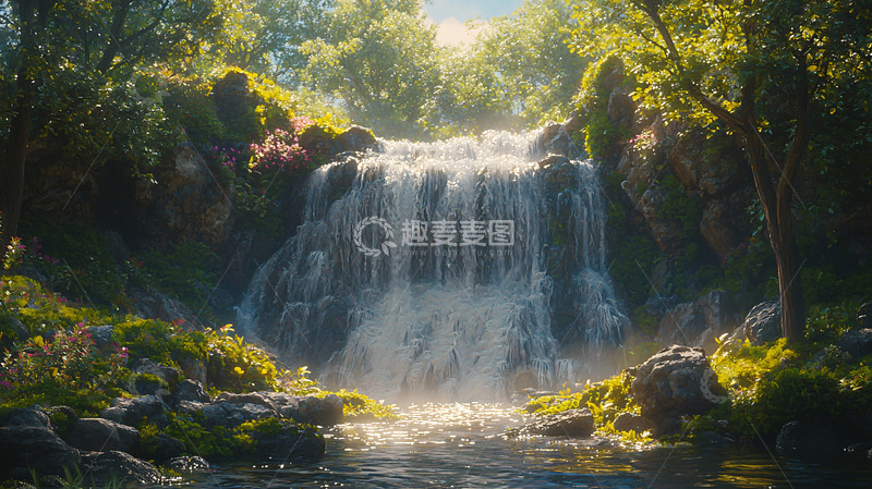高清大图下载【趣麦麦图】阳光下的森林瀑布
