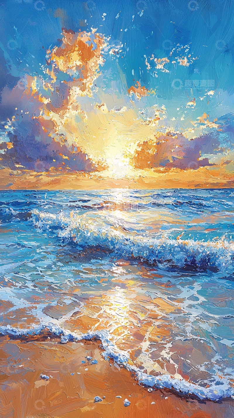 高清大图下载【趣麦麦图】唯美海边日出油画风格