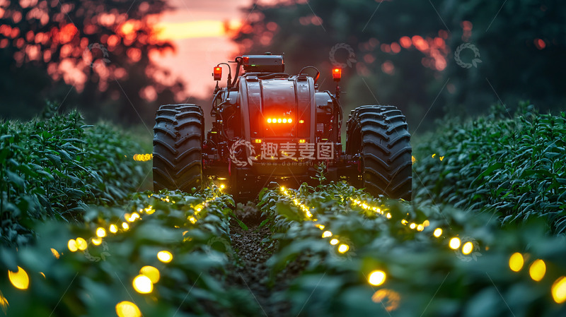 高清大图下载【趣麦麦图】田园日落下的自动驾驶拖拉机