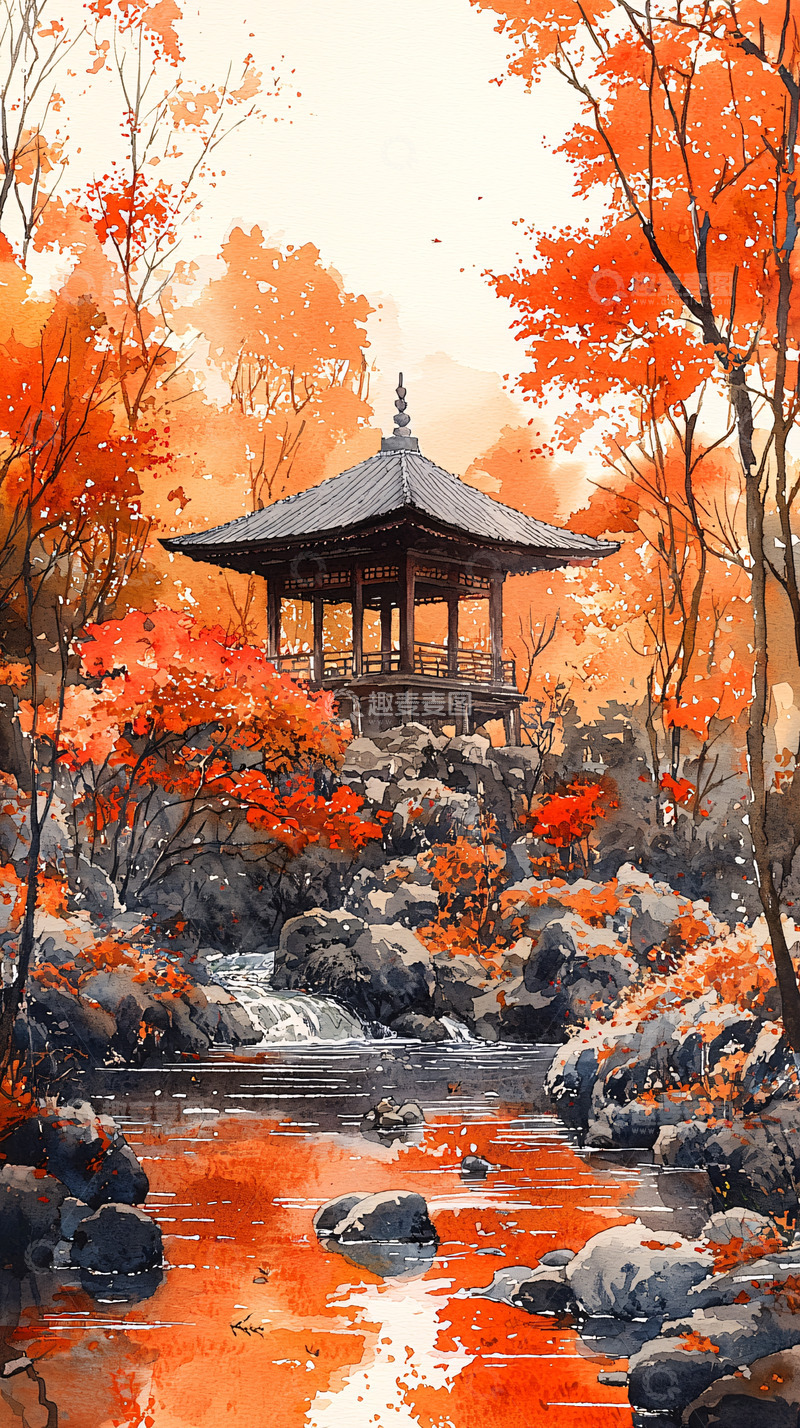 高清大图下载【趣麦麦图】秋日水彩亭台