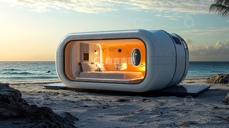 高清大图下载【趣麦麦图】海滩上的未来主义胶囊住宅