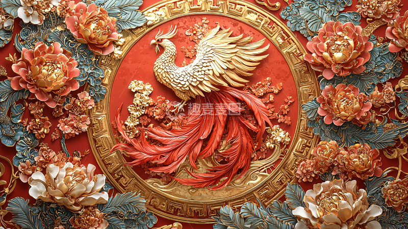 高清大图下载【趣麦麦图】红金凤凰浮雕花卉图案