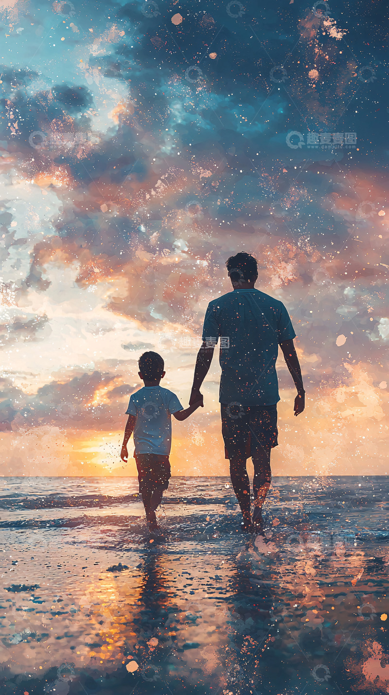 高清大图下载【趣麦麦图】父与子海边日落