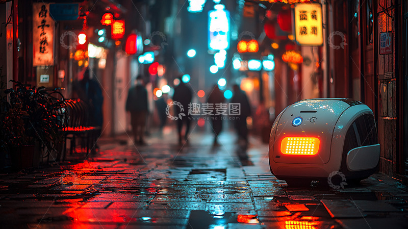 高清大图下载【趣麦麦图】夜晚街道送货机器人