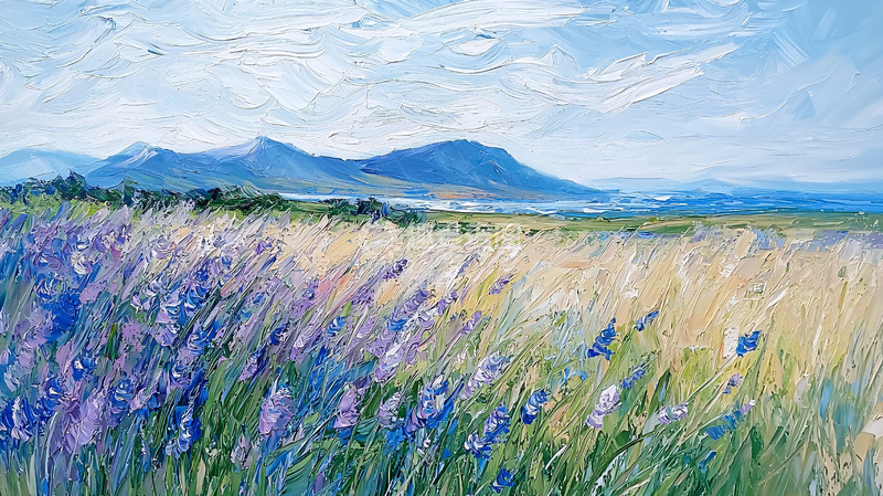 高清大图下载【趣麦麦图】薰衣草田野山脉风景画