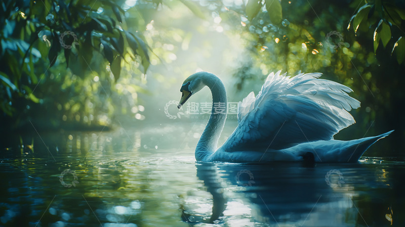 高清大图下载【趣麦麦图】梦幻森林中优雅的天鹅