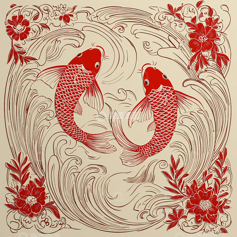 高清大图下载【趣麦麦图】红鲤鱼戏水纹样